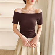 筑凡女士一字肩上衣緊身t恤短袖白色一字領(lǐng)棉女夏季漂亮性感露肩汗衫 咖啡色 M 85/96斤