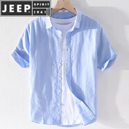 JEEP SPIRIT文藝清新男士亞麻短袖襯衫寬松棉麻料襯衣日系薄款男裝上衣服夏裝 yunyi-301天藍色 M