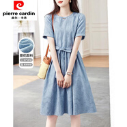 皮爾卡丹（pierre cardin）氣質(zhì)新款夏季復(fù)古提花刺繡短袖連衣裙女寬松顯瘦收腰系帶中長(zhǎng)裙 藍(lán)色 2XL 【建議145-160斤】