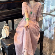 紫昕月連衣裙女2025夏季新款新中式棉麻國風(fēng)連衣裙寬松 粉紫色 XL 110-120