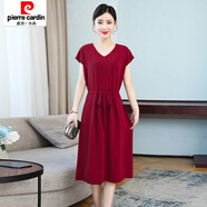 皮爾卡丹（pierre cardin）氣質(zhì)OL風收腰連衣裙中長款2021夏新款色媽媽裝系腰帶大擺A字裙 酒紅色 3XL 建議150-165斤
