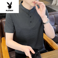 花花公子（PLAYBOY）中國風(fēng)棉麻短袖T恤男夏季薄款立領(lǐng)刺繡體恤衫百搭休閑 62372灰色 2XL 135-150斤