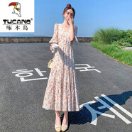 啄木鳥(niǎo)（TUCANO）碎花連衣裙女大碼300斤胖mm夏季新款英倫風(fēng)中長(cháng)款短袖V領(lǐng)大擺長(cháng)裙 桔色 S 70-85斤