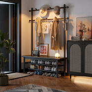 青櫨全實(shí)木換鞋凳衣帽架入戶(hù)門(mén)落地掛衣架鞋架組合一體玄關(guān)門(mén)廳置物架 100cm-煙熏黑色-加粗進(jìn)口橡膠木 11掛鉤+全3A進(jìn)口橡膠木+送貨上門(mén)
