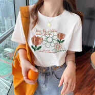 語(yǔ)森憶正肩純棉短袖t恤女夏季薄款內搭卡通寬松大碼白色復古顯瘦ins上衣  白色（花朵） S 【80-100斤】