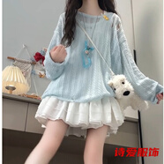 咚憬韓系甜美清新學院風薄款鏤空針織罩衫女+高腰短款半身裙兩件套裝 單半身短裙 M