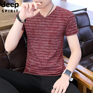 JEEP SPIRIT吉普男士鏤空針織短袖t恤男2025夏季韓版修身半袖體恤男裝上衣服 566酒紅色 M 80至100斤