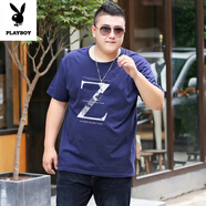 花花公子（PLAYBOY）夏季男短袖T恤上衣 胖子寬松休閑打底衫肥佬大碼純棉體恤半袖衣服 深藍Z M 110-120斤左右
