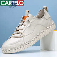 CARTELO【頭層牛皮】男款手工鞋薄款軟底休閑鞋個性夏季新款透氣潮百搭 872 米色四季款 43