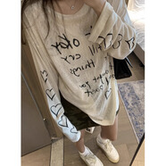 允橘長(zhǎng)袖t恤女上衣夏季印花體恤遮肚子寬松冰絲防曬罩衫針織空調(diào)衫 字母愛心印花罩衫 M 【建議80-110斤】