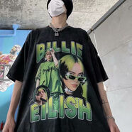 鮮冠100%純棉歐美說唱歌手BillieEilish碧梨印花街頭嘻哈潮寬松短袖t 綠圖3人【五分袖】黑 S