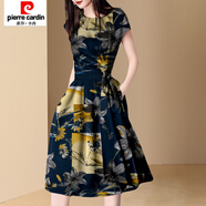 皮爾卡丹（pierre cardin）歐美高端名媛夏季復(fù)古時尚2025年新款女短袖圓領(lǐng)中長印花連衣裙潮 花色 S