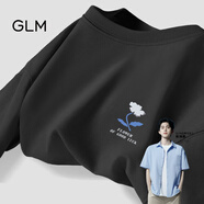 GLM敖瑞鵬代言純棉短袖t恤男青春休閑風(fēng)街頭潮搭落肩五分袖大碼T恤 【純棉】黑#幸運花 L
