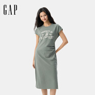 Gap女裝2025夏季新款純棉印花logo收腰抽褶開叉短袖連衣裙764855 淺綠色 M (165/84A) 亞洲尺碼
