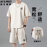 AFILMBY夏季T恤套裝男運(yùn)動套裝短袖套裝男夏裝衣服男套裝潮流休閑男士 卡其 3XL(170-185斤)