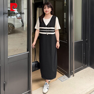 皮爾卡丹大碼女裝假兩件v領(lǐng)T恤裙女直筒裙2025夏胖mm短袖針織連衣裙 黑色 XL (120-150斤)