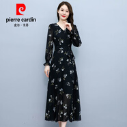 皮爾卡丹長袖雪紡連衣裙女春秋季2025新款氣質(zhì)薄款顯瘦感媽媽碎花長裙針織 黑色 4XL碼(建議155-165斤)