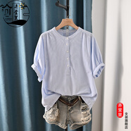弄堂里韓版文藝小立領(lǐng)顯瘦豎條紋蝙蝠袖襯衫 夏季新款寬松大碼套頭上衣 淺藍色條紋 均碼