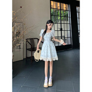 德莉婭2025大碼夢境花落法式方領(lǐng)蕾絲高腰連衣裙女夏溫柔風(fēng)碎花裙感 短裙 2XL 大