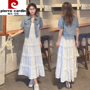 皮爾卡丹（pierre cardin）2025春季新款時(shí)尚小仙女牛仔短外套配白色吊帶裙兩件套溫柔風(fēng)套裙 藍色短袖薄牛仔外套 兩件套 XL 約穿125-138斤左右