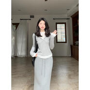 郭九九呢 羊毛天絲休閑假兩件連帽長(cháng)袖T恤抽繩半身裙 G925A02813 連帽衫-拼色 L