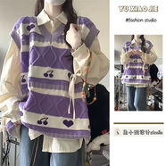 XCFREHT學(xué)院風(fēng)愛(ài)心條紋針織衫毛衣馬甲背心女學(xué)生+綁帶襯衫 【套裝】紫色背心+杏色襯衫 L