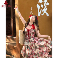 夏雨瑤油畫度假吊帶連衣裙夏季不規(guī)則氣質(zhì)長裙A顯瘦氛圍感胖mm大碼200斤 【露背 單裙】油畫-綁帶 M 【建議80-100斤】