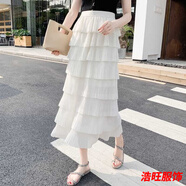 口旋大碼胖mm春夏網(wǎng)紗雪紡半身裙百褶裙高腰顯瘦中長(cháng)款多層次蛋糕裙子 白色 4XL 175-200