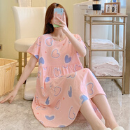 浪莎夏季女士棉綢睡裙子寬松薄款連衣裙加肥加大碼短袖碎花家居服天長(zhǎng) 粉色愛心 均碼 (建議身高150-165cm 體重8