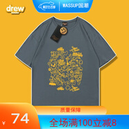 DREW HOUSE LIVE新款素描涂鴉笑臉短袖T恤小眾潮牌比伯同款男女情侶上衣 深灰色 M  150-168高40-57kg