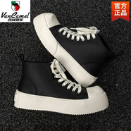 西域駱駝2025春季黑色板鞋男款厚底增高情侶同款通勤大頭德比鞋休閑皮鞋男 黑色高幫-駱駝官方品牌旗艦 36 女碼