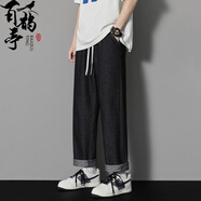 百鵲亭（BAIQUETING）牛仔褲男夏季薄款潮流寬松直筒簡約褲子墜感春秋款休閑闊腿九分褲 黑色【松緊腰】 XL
