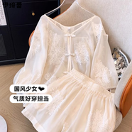 伊琦蕾（YIQILEI）新中式穿搭一整套2025新款刺繡盤扣上衣內(nèi)搭吊帶配闊腿短褲三件套 盤扣上衣+吊帶背心+闊腿短褲 三件套 XL (建議120-140斤)