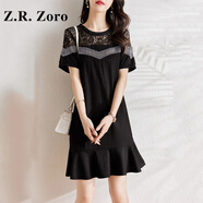 Z.R.Zoro奢侈品連衣裙女2025夏季新款韓版潮流時(shí)尚遮肉顯瘦蕾絲拼接魚(yú)尾裙 黑色 M