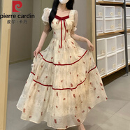 皮爾卡丹（pierre cardin）法式方領泡泡袖碎花連衣裙夏季大碼高腰顯瘦a字甜美初戀大擺長裙 杏色 4XL 【170-190斤】