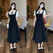 酥享夏季法式復古娃娃領假兩件高腰連衣裙大碼胖mm遮肚顯瘦氣質長裙女 黑色 2XL (建議140到160斤)