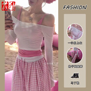 莜仙格2025三件套女春夏季新款辣妹一字肩罩衫上衣吊帶背心格子闊腿褲子 罩衫上衣+吊帶背心+闊腿褲 M 【建議 95-110斤】