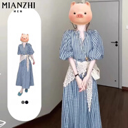棉致法式藍(lán)色格子連衣裙女夏季2025新款收腰顯瘦高級(jí)感寬松格紋長(zhǎng)裙 1853藍(lán)格【不含圍巾高品質(zhì)52】 M 105-120斤
