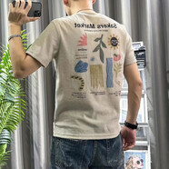AEXMERE海瀾之家旗下百搭夏季純棉短袖T恤男夏薄款修身卡通上衣印花青年男士休閑半袖體恤簡(jiǎn)約 446卡其色 2XL 建議135-155斤