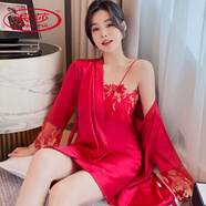 浪莎睡衣女長袖夏季性感吊帶睡裙睡袍兩件套高級感春秋薄款家居服 929[兩件套]大紅色 L 建議90-105斤