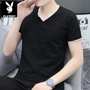 花花公子（PLAYBOY）男士短袖2025新款夏季v字領(lǐng)純色t恤青年休閑半袖潮流百搭體恤 黑色 QY661 M