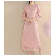 皮爾卡丹（pierre cardin）40一50歲中年女士高貴洋氣減齡女裝春秋新款七分袖蕾絲連衣裙 杏粉色 L 建議100-110斤