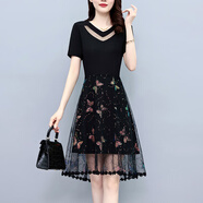 薇洛萱2025夏季新款拼接網(wǎng)紗連衣裙女裝顯瘦遮肚中長(zhǎng)款大碼氣質(zhì)夏天裙子 黑色 L 建議98-115斤