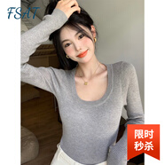 FSAT法式復古低領春秋新款針織打底衫女長袖春季t恤感內搭上衣ins毛衣 灰色 M