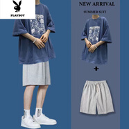 花花公子2022年夏季男生新款青少年短褲五分袖大碼寬松百搭套裝情侶款 T190藍(lán)+短褲灰 S