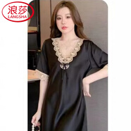 浪莎（LangSha）輕奢春夏季新款帶胸墊冰感睡裙女絲綢薄款連衣裙大碼睡衣家居服 優(yōu)雅黑（沒(méi)胸墊） (發(fā)1套） M （70-90斤）