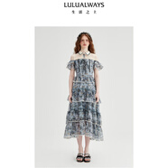 LULUALWAYS【商場(chǎng)同款】25夏季新款法式優(yōu)雅風(fēng)氣質(zhì)蕾絲蛋糕連衣裙宴會(huì)晚禮服 藍(lán)色 L