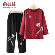 俞兆林（YUZHAOLIN）奶奶春秋棉麻兩件套長(zhǎng)袖t恤女中老年媽媽寬松大碼洋氣70歲80衣服 229-酒紅色套裝 2XL (建議100-115斤)