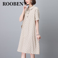 ROOBEN奢侈高端品牌高檔棉麻連衣裙女新款夏季亞麻中長款減齡波點襯衫裙 米杏 M 適合95-115斤左右