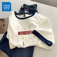 真維斯（JEANSWEST）t恤女2025夏季新款正肩撞色純棉短袖女休閑寬松潮流時(shí)尚百搭體恤 米藏青 奇妙流星 2XL
